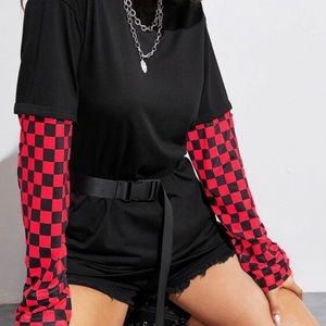 Long sleeve red checkered oversized tee shirt